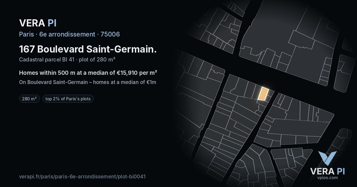 167 Boulevard Saint-Germain, 6e arrondissement at night – the plot lit, the parcels around coloured by the prices near them