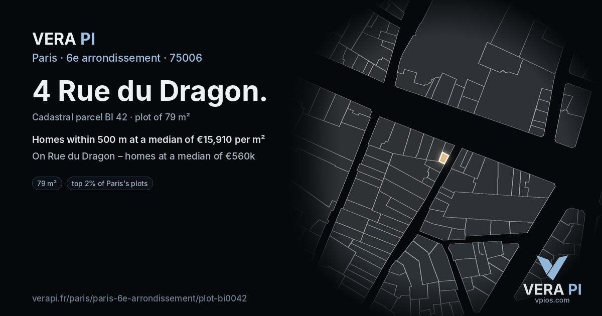 4 Rue du Dragon, 6e arrondissement at night – the plot lit, the parcels around coloured by the prices near them
