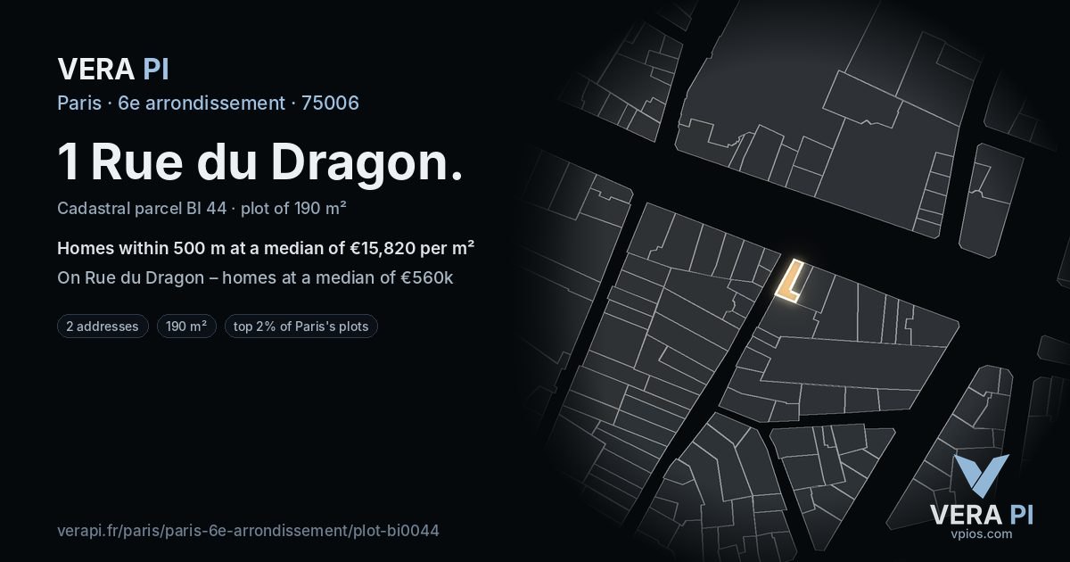 1 Rue du Dragon, 6e arrondissement at night – the plot lit, the parcels around coloured by the prices near them