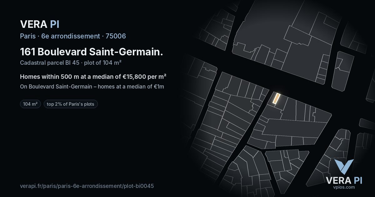 161 Boulevard Saint-Germain, 6e arrondissement at night – the plot lit, the parcels around coloured by the prices near them