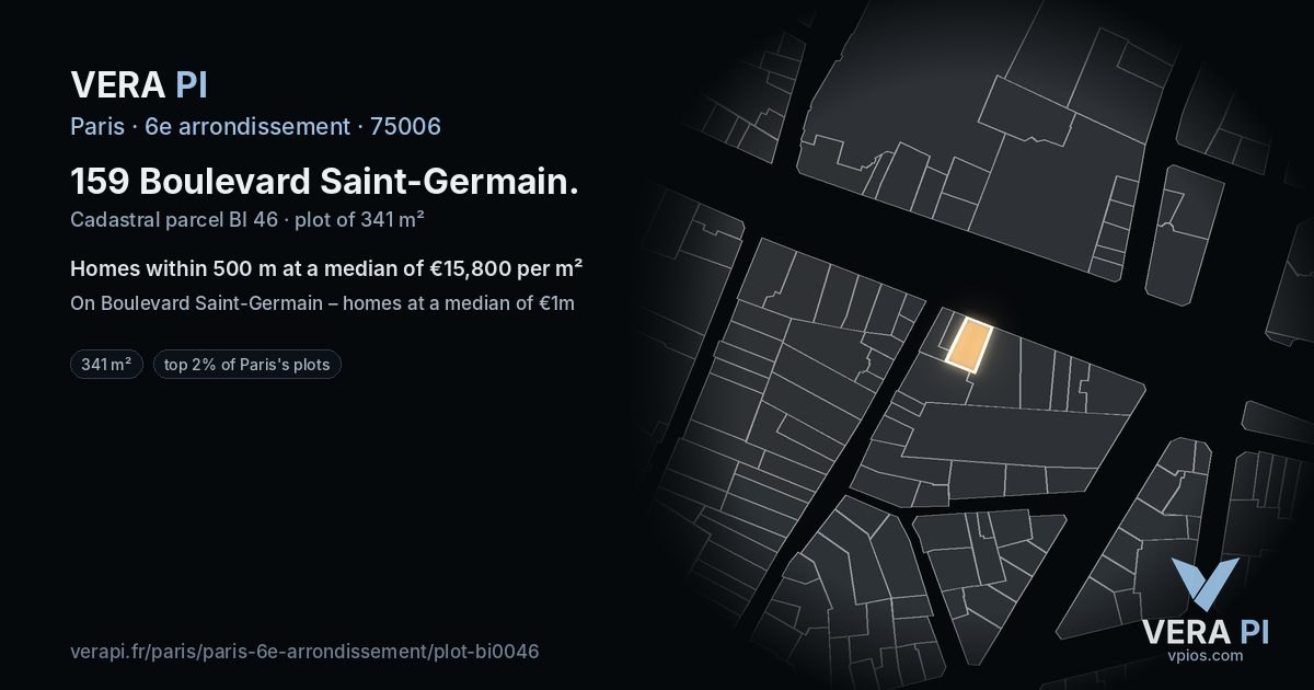 159 Boulevard Saint-Germain, 6e arrondissement at night – the plot lit, the parcels around coloured by the prices near them