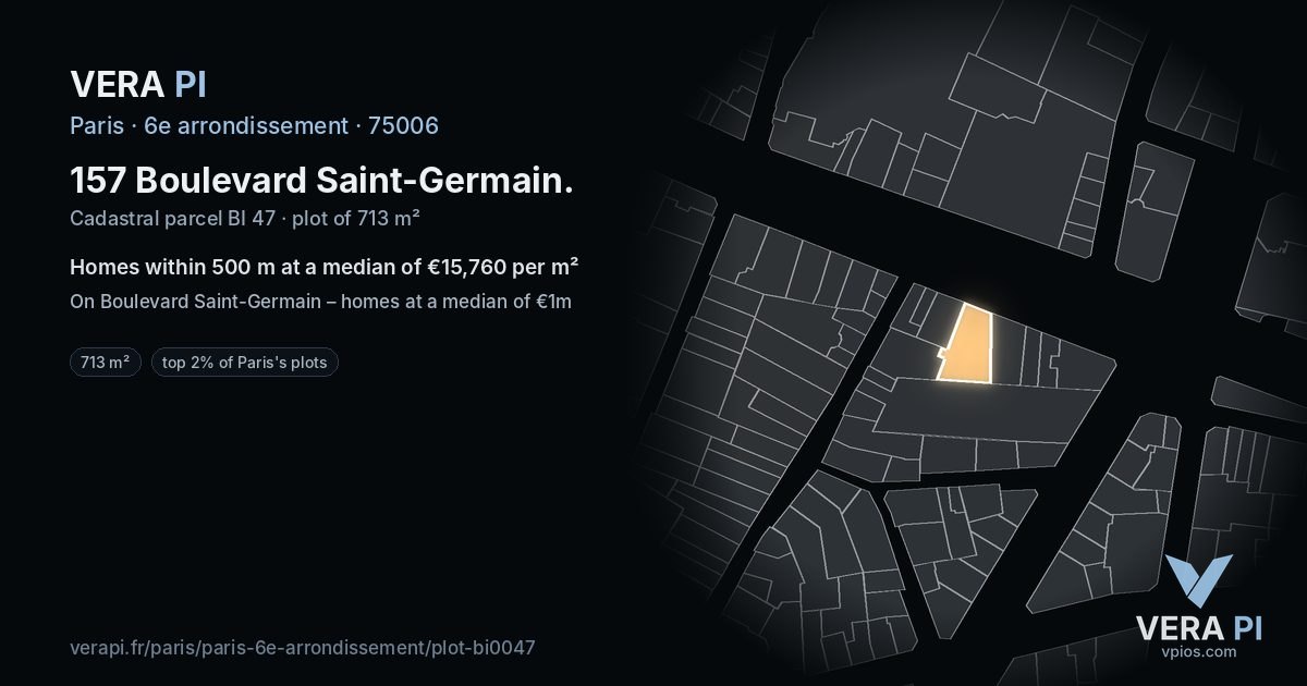 157 Boulevard Saint-Germain, 6e arrondissement at night – the plot lit, the parcels around coloured by the prices near them