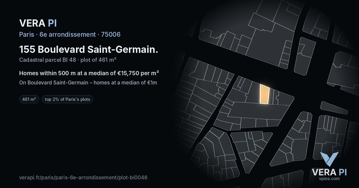 155 Boulevard Saint-Germain, 6e arrondissement at night – the plot lit, the parcels around coloured by the prices near them