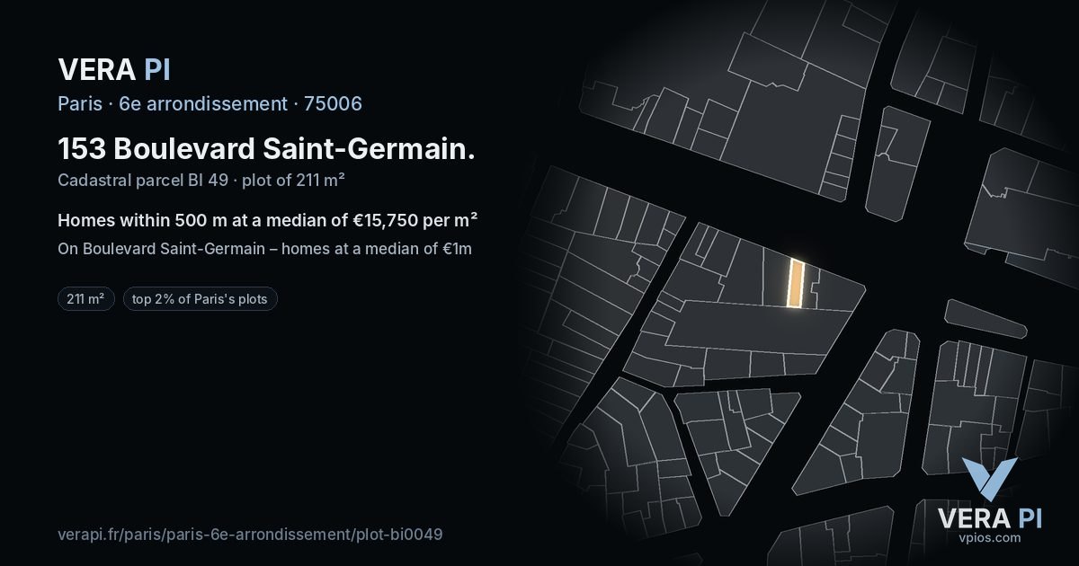 153 Boulevard Saint-Germain, 6e arrondissement at night – the plot lit, the parcels around coloured by the prices near them