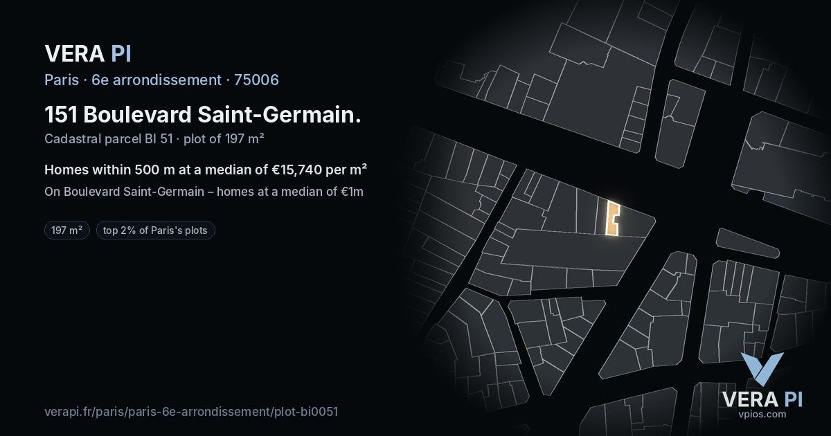 151 Boulevard Saint-Germain, 6e arrondissement at night – the plot lit, the parcels around coloured by the prices near them