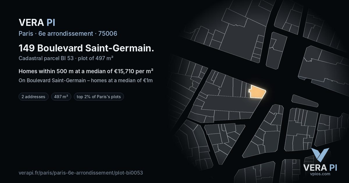 149 Boulevard Saint-Germain, 6e arrondissement at night – the plot lit, the parcels around coloured by the prices near them