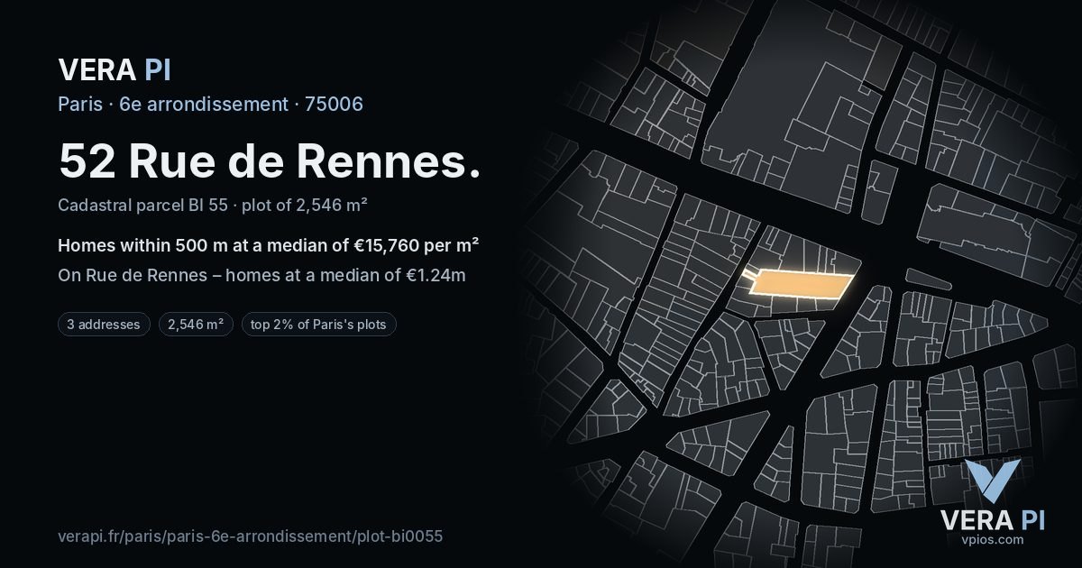52 Rue de Rennes, 6e arrondissement at night – the plot lit, the parcels around coloured by the prices near them