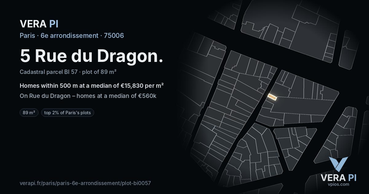 5 Rue du Dragon, 6e arrondissement at night – the plot lit, the parcels around coloured by the prices near them
