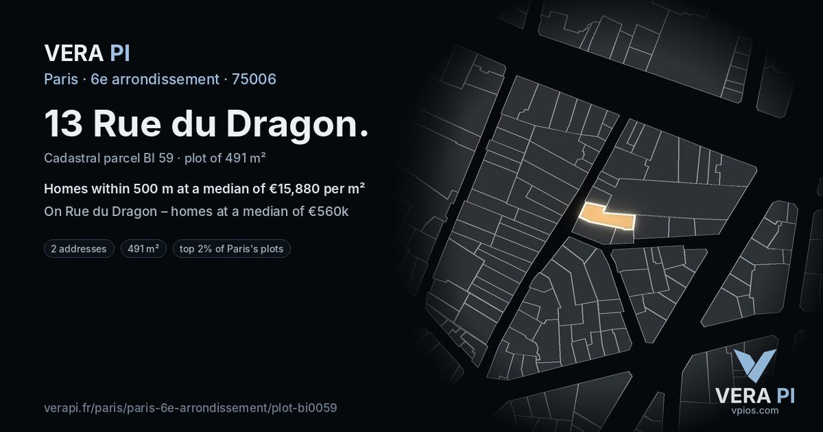13 Rue du Dragon, 6e arrondissement at night – the plot lit, the parcels around coloured by the prices near them