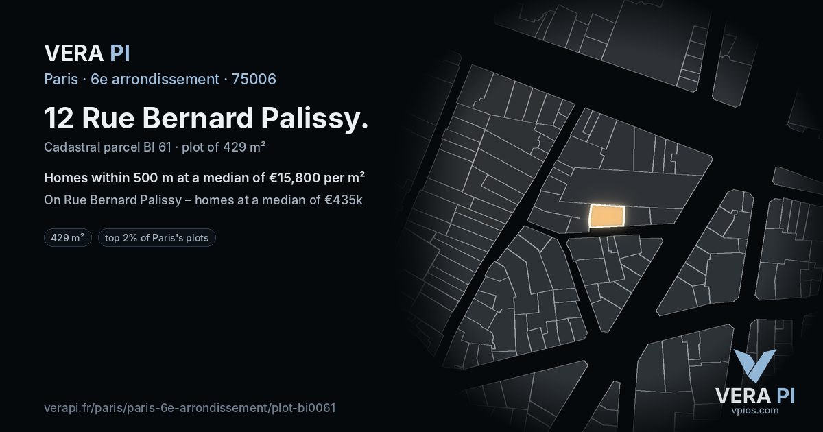 12 Rue Bernard Palissy, 6e arrondissement at night – the plot lit, the parcels around coloured by the prices near them