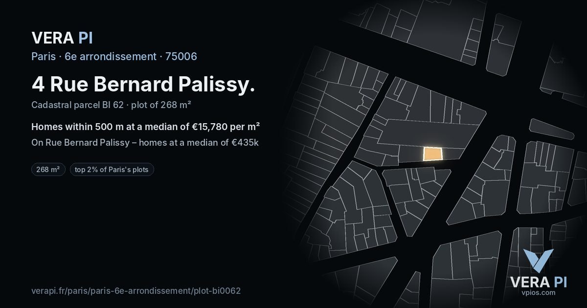 4 Rue Bernard Palissy, 6e arrondissement at night – the plot lit, the parcels around coloured by the prices near them