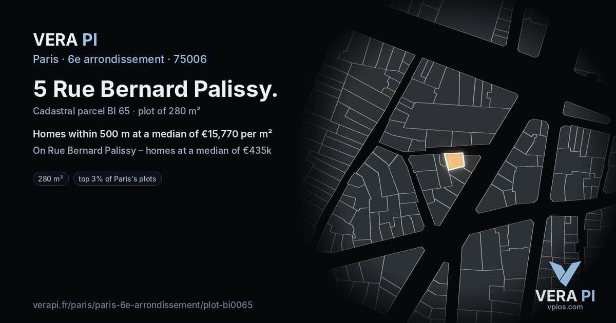 5 Rue Bernard Palissy, 6e arrondissement at night – the plot lit, the parcels around coloured by the prices near them