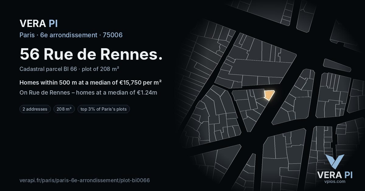 56 Rue de Rennes, 6e arrondissement at night – the plot lit, the parcels around coloured by the prices near them