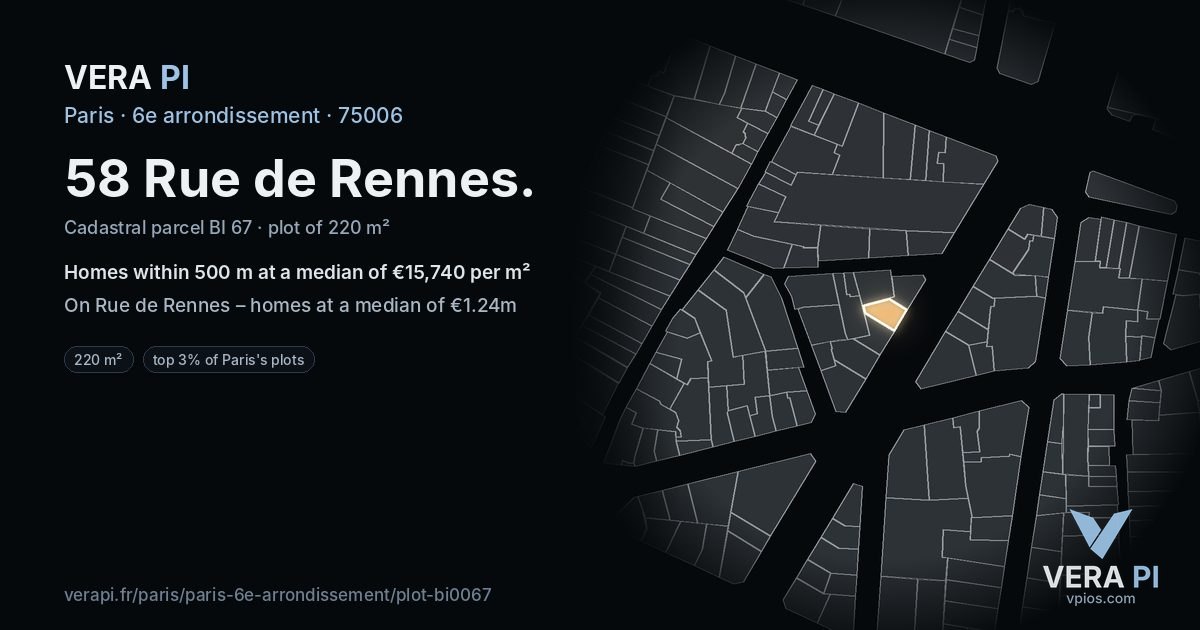 58 Rue de Rennes, 6e arrondissement at night – the plot lit, the parcels around coloured by the prices near them