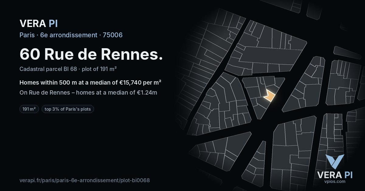 60 Rue de Rennes, 6e arrondissement at night – the plot lit, the parcels around coloured by the prices near them