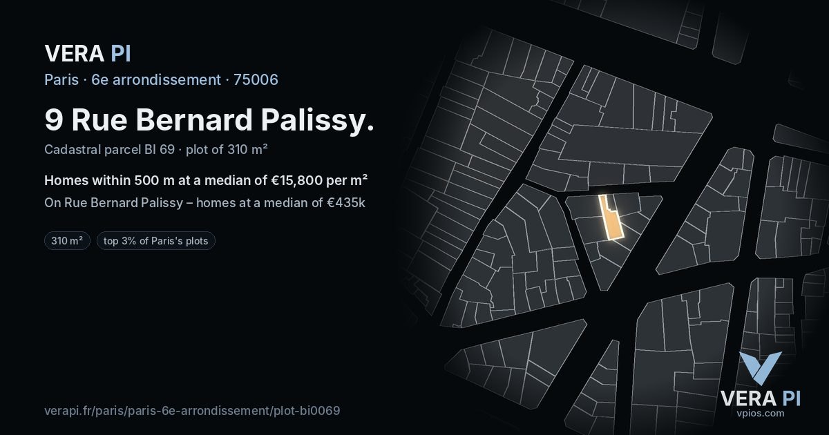 9 Rue Bernard Palissy, 6e arrondissement at night – the plot lit, the parcels around coloured by the prices near them