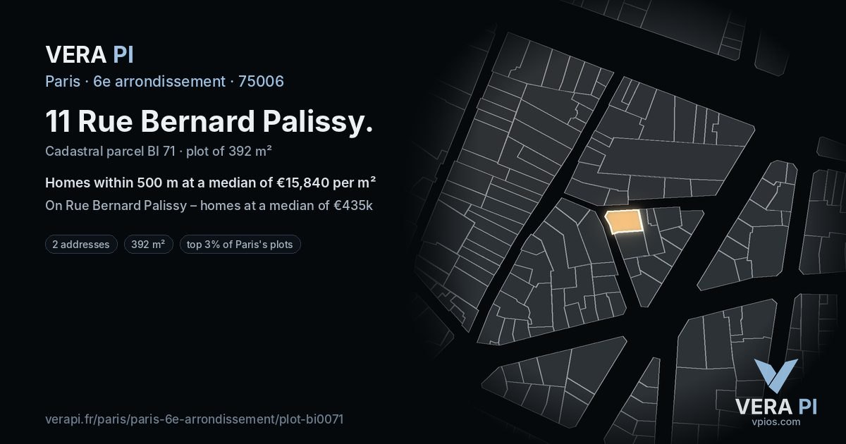 11 Rue Bernard Palissy, 6e arrondissement at night – the plot lit, the parcels around coloured by the prices near them