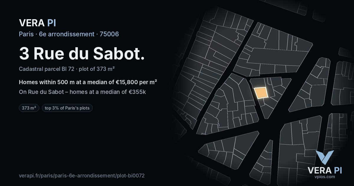 3 Rue du Sabot, 6e arrondissement at night – the plot lit, the parcels around coloured by the prices near them