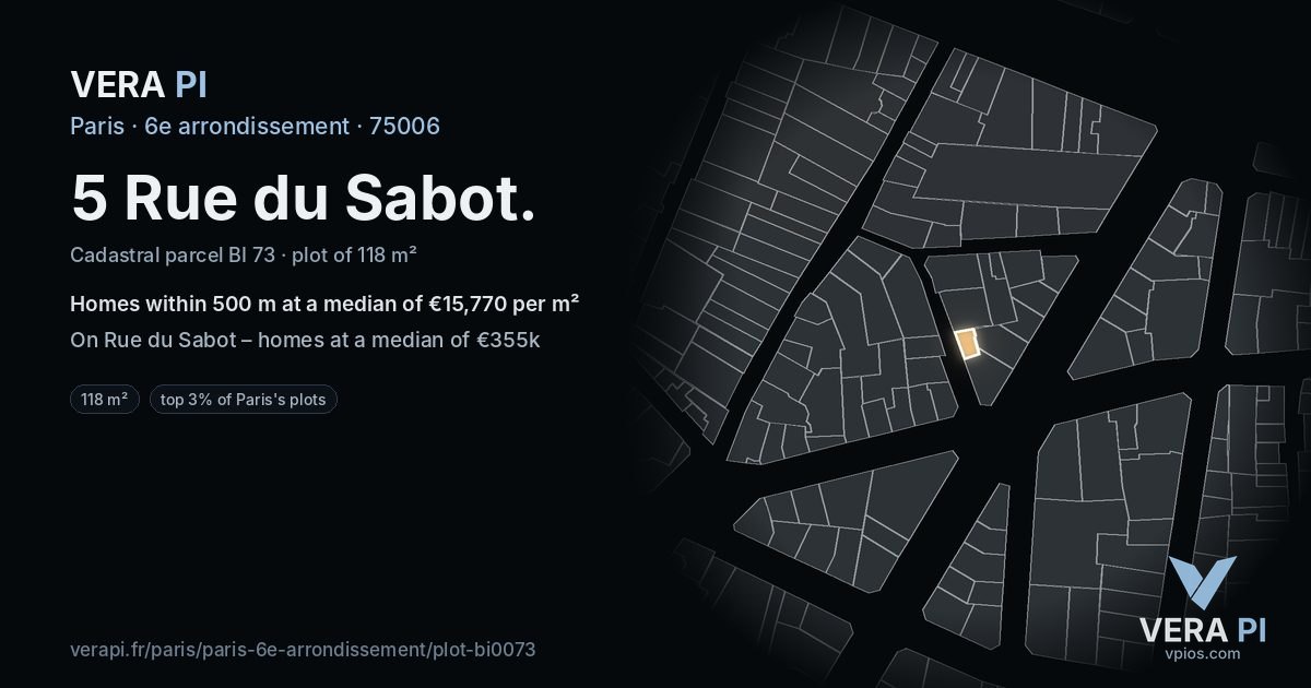 5 Rue du Sabot, 6e arrondissement at night – the plot lit, the parcels around coloured by the prices near them