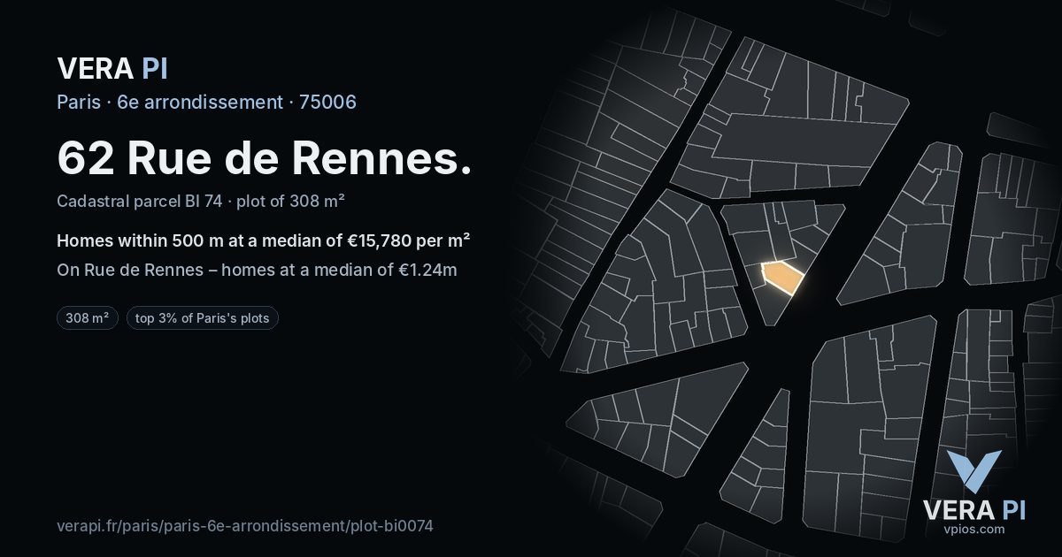 62 Rue de Rennes, 6e arrondissement at night – the plot lit, the parcels around coloured by the prices near them