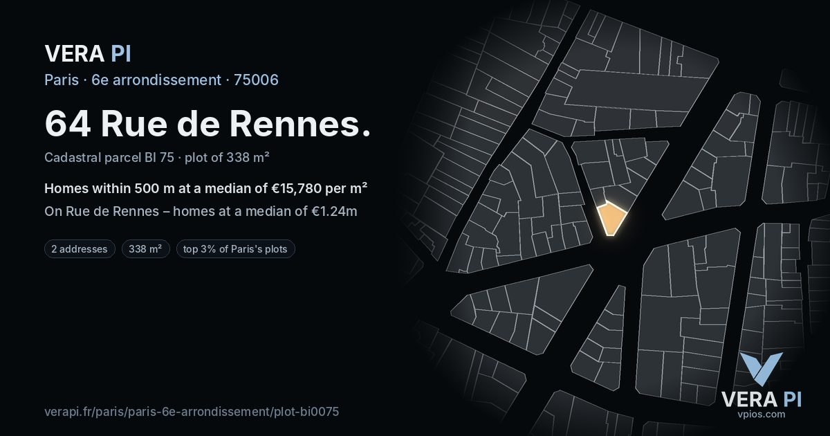 64 Rue de Rennes, 6e arrondissement at night – the plot lit, the parcels around coloured by the prices near them