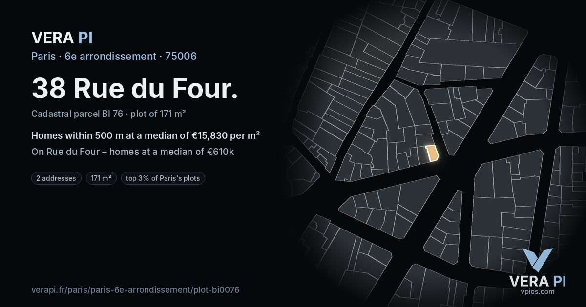 38 Rue du Four, 6e arrondissement at night – the plot lit, the parcels around coloured by the prices near them