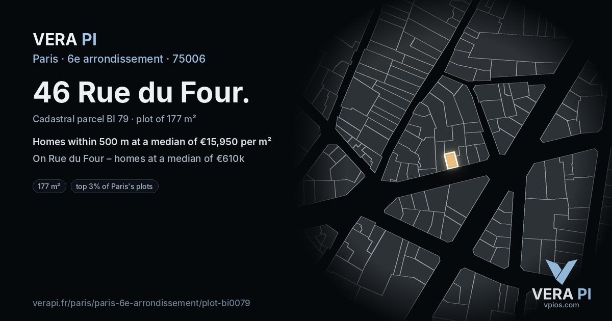 46 Rue du Four, 6e arrondissement at night – the plot lit, the parcels around coloured by the prices near them