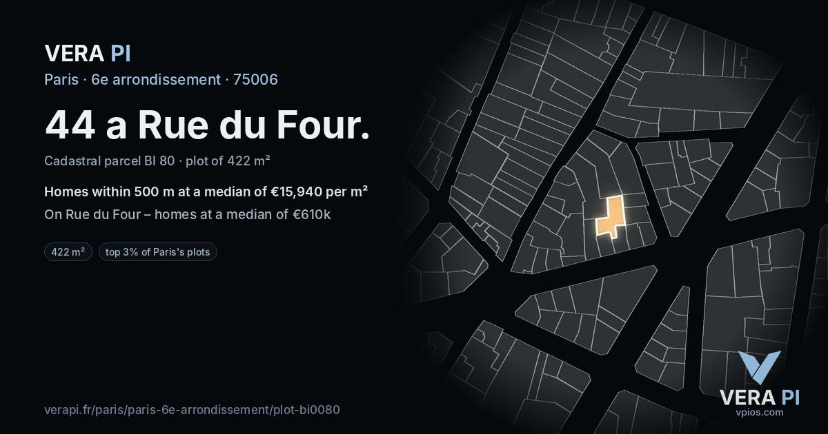 44 a Rue du Four, 6e arrondissement at night – the plot lit, the parcels around coloured by the prices near them