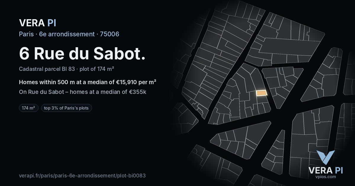 6 Rue du Sabot, 6e arrondissement at night – the plot lit, the parcels around coloured by the prices near them