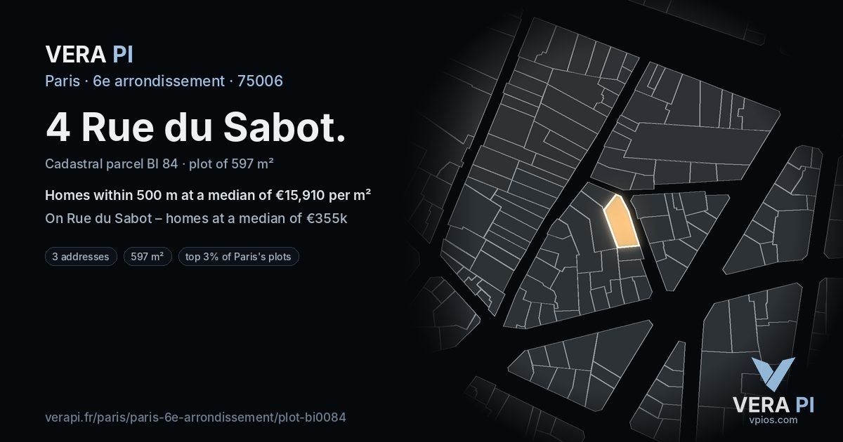 4 Rue du Sabot, 6e arrondissement at night – the plot lit, the parcels around coloured by the prices near them