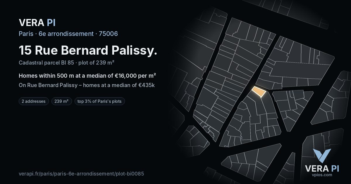 15 Rue Bernard Palissy, 6e arrondissement at night – the plot lit, the parcels around coloured by the prices near them