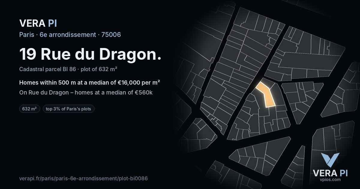 19 Rue du Dragon, 6e arrondissement at night – the plot lit, the parcels around coloured by the prices near them