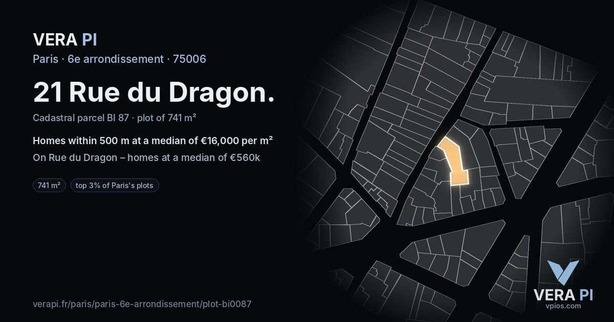 21 Rue du Dragon, 6e arrondissement at night – the plot lit, the parcels around coloured by the prices near them