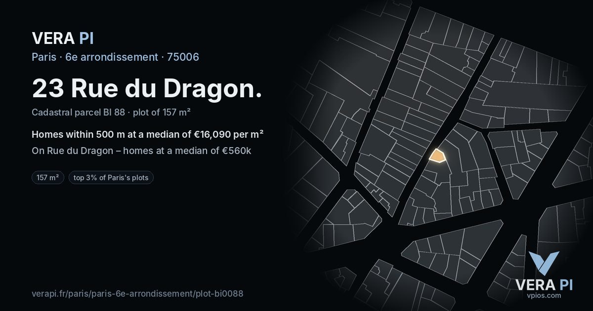 23 Rue du Dragon, 6e arrondissement at night – the plot lit, the parcels around coloured by the prices near them