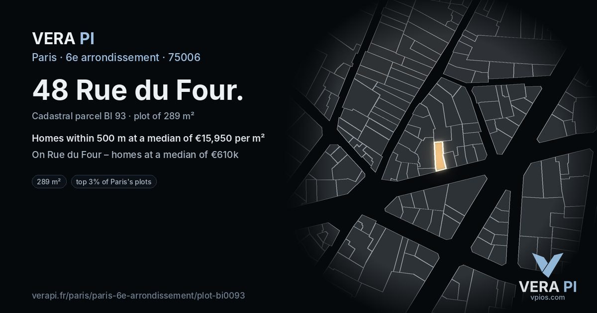 48 Rue du Four, 6e arrondissement at night – the plot lit, the parcels around coloured by the prices near them