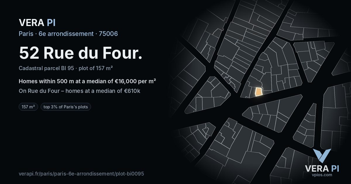 52 Rue du Four, 6e arrondissement at night – the plot lit, the parcels around coloured by the prices near them