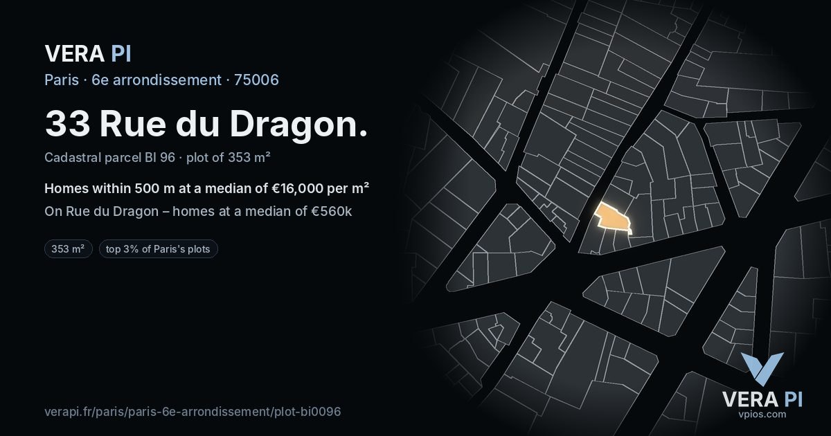 33 Rue du Dragon, 6e arrondissement at night – the plot lit, the parcels around coloured by the prices near them
