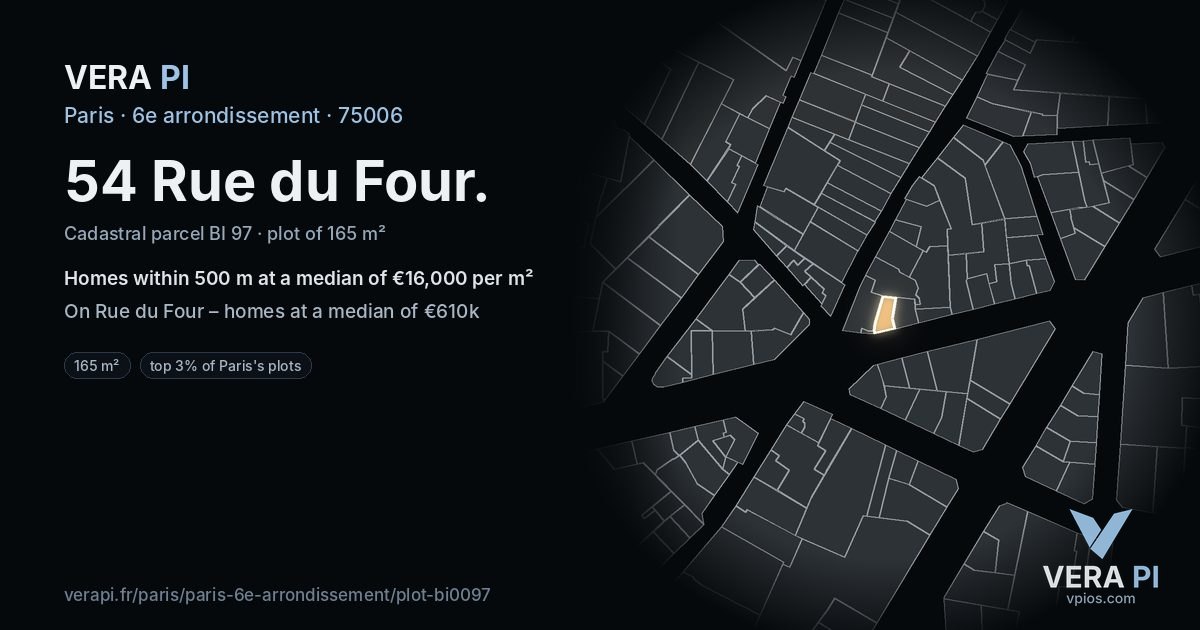 54 Rue du Four, 6e arrondissement at night – the plot lit, the parcels around coloured by the prices near them