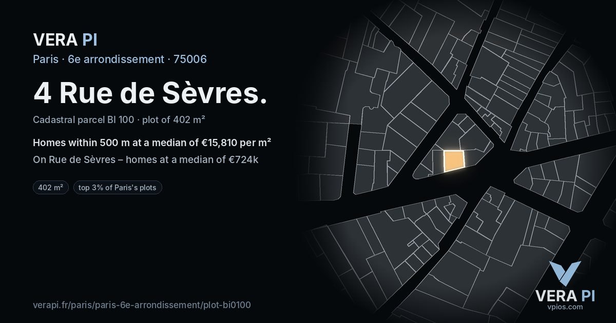 4 Rue de Sèvres, 6e arrondissement at night – the plot lit, the parcels around coloured by the prices near them