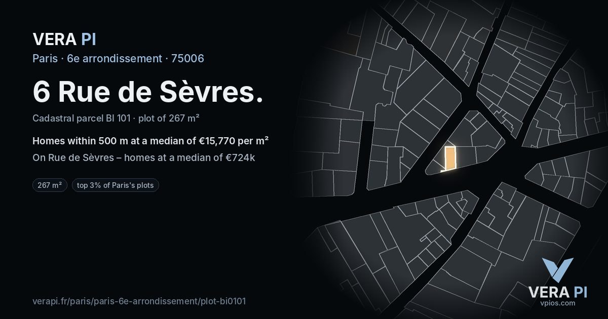 6 Rue de Sèvres, 6e arrondissement at night – the plot lit, the parcels around coloured by the prices near them