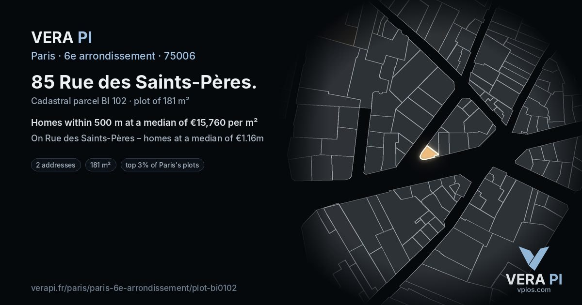 85 Rue des Saints-Pères, 6e arrondissement at night – the plot lit, the parcels around coloured by the prices near them