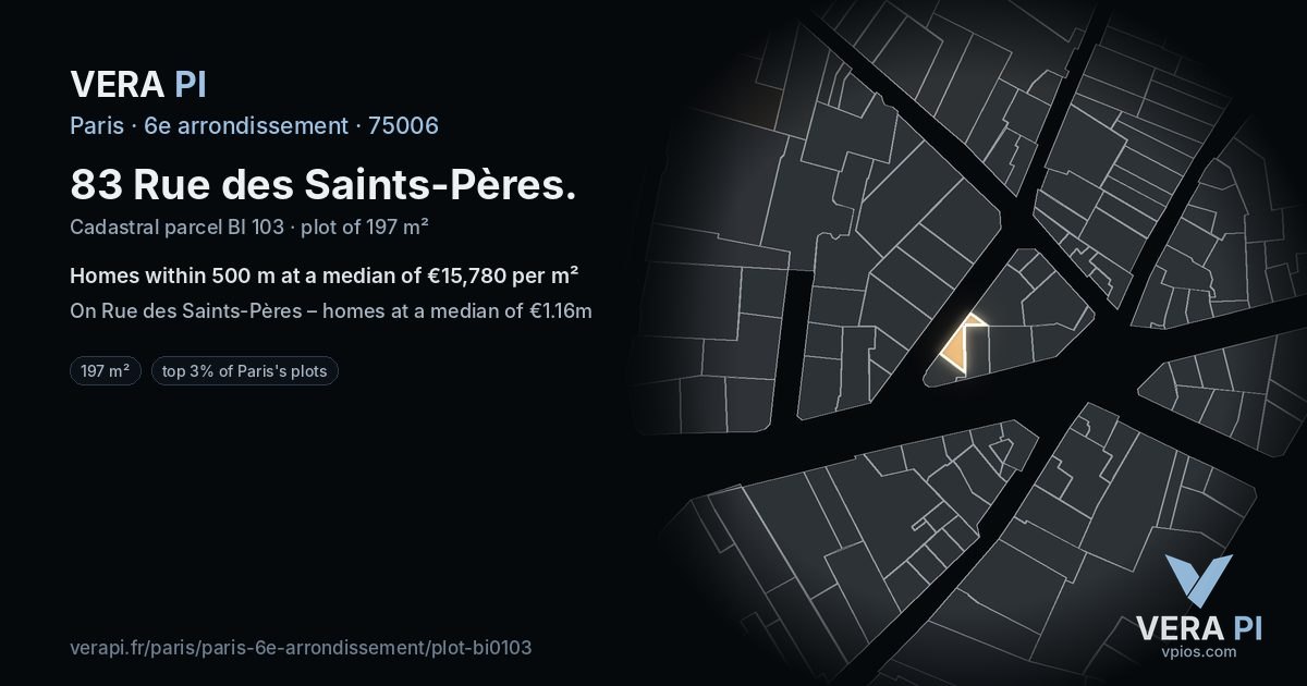 83 Rue des Saints-Pères, 6e arrondissement at night – the plot lit, the parcels around coloured by the prices near them