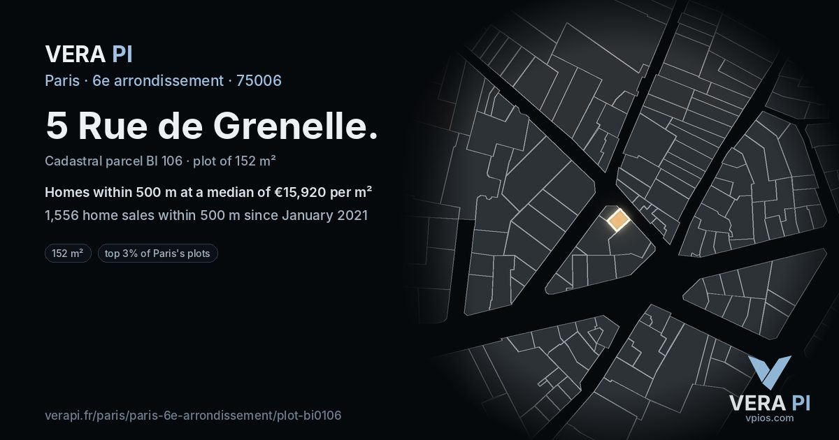 5 Rue de Grenelle, 6e arrondissement at night – the plot lit, the parcels around coloured by the prices near them