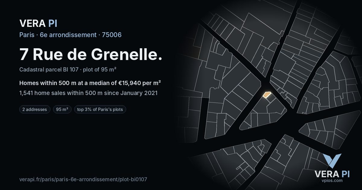 7 Rue de Grenelle, 6e arrondissement at night – the plot lit, the parcels around coloured by the prices near them
