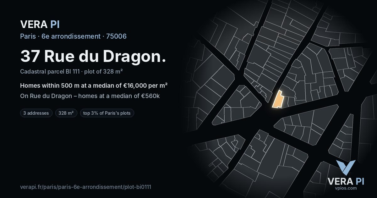 37 Rue du Dragon, 6e arrondissement at night – the plot lit, the parcels around coloured by the prices near them