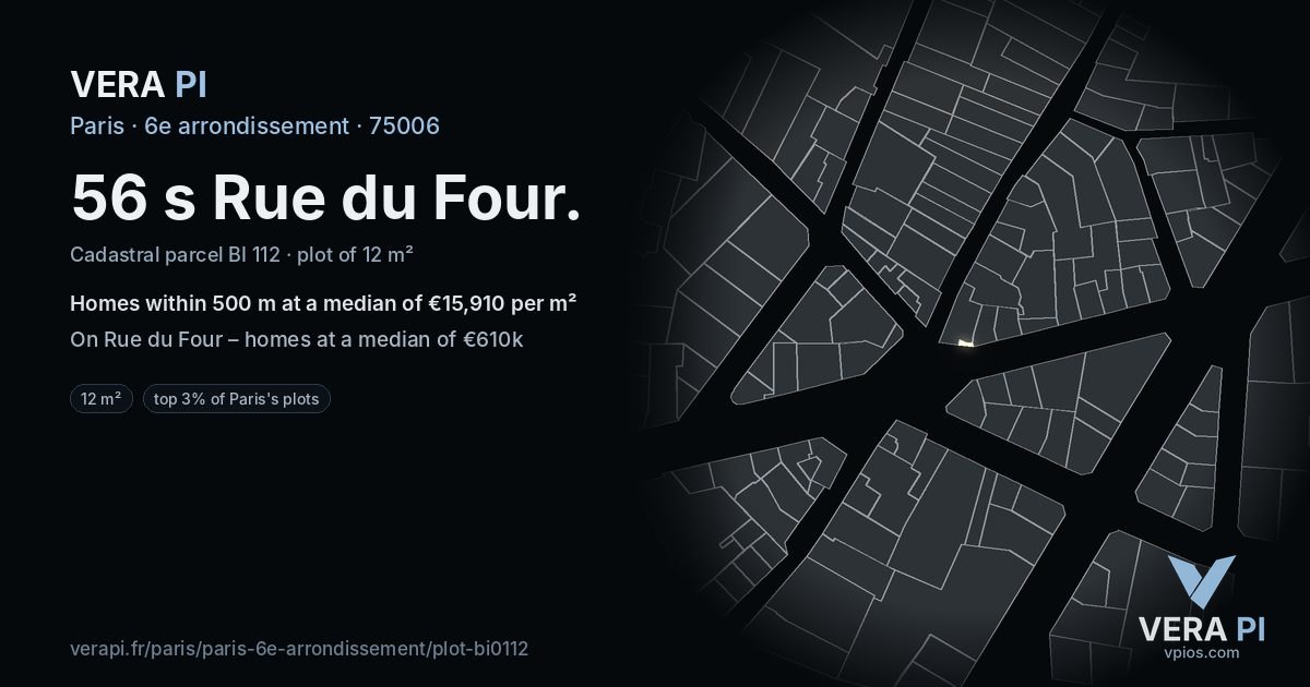 56 s Rue du Four, 6e arrondissement at night – the plot lit, the parcels around coloured by the prices near them