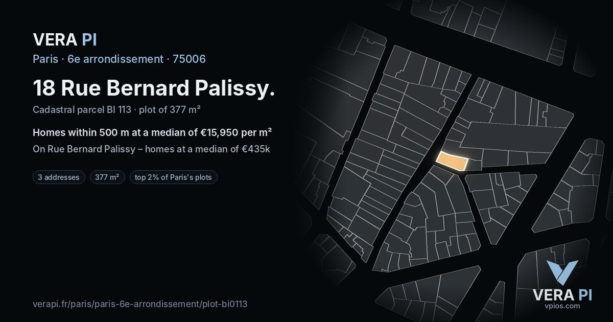 18 Rue Bernard Palissy, 6e arrondissement at night – the plot lit, the parcels around coloured by the prices near them