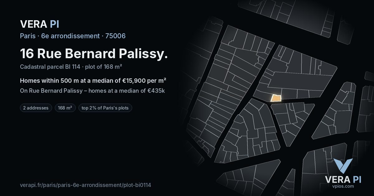 16 Rue Bernard Palissy, 6e arrondissement at night – the plot lit, the parcels around coloured by the prices near them