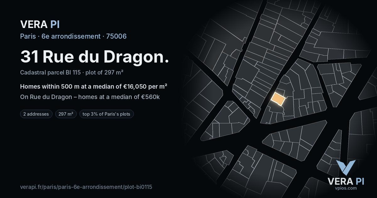 31 Rue du Dragon, 6e arrondissement at night – the plot lit, the parcels around coloured by the prices near them