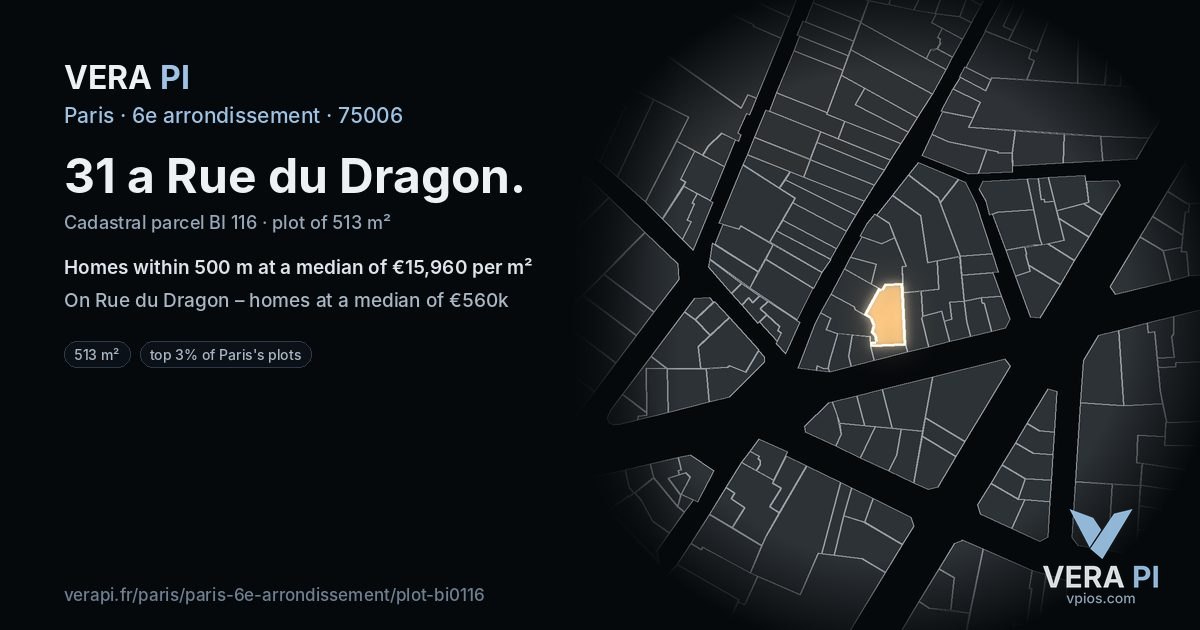 31 a Rue du Dragon, 6e arrondissement at night – the plot lit, the parcels around coloured by the prices near them